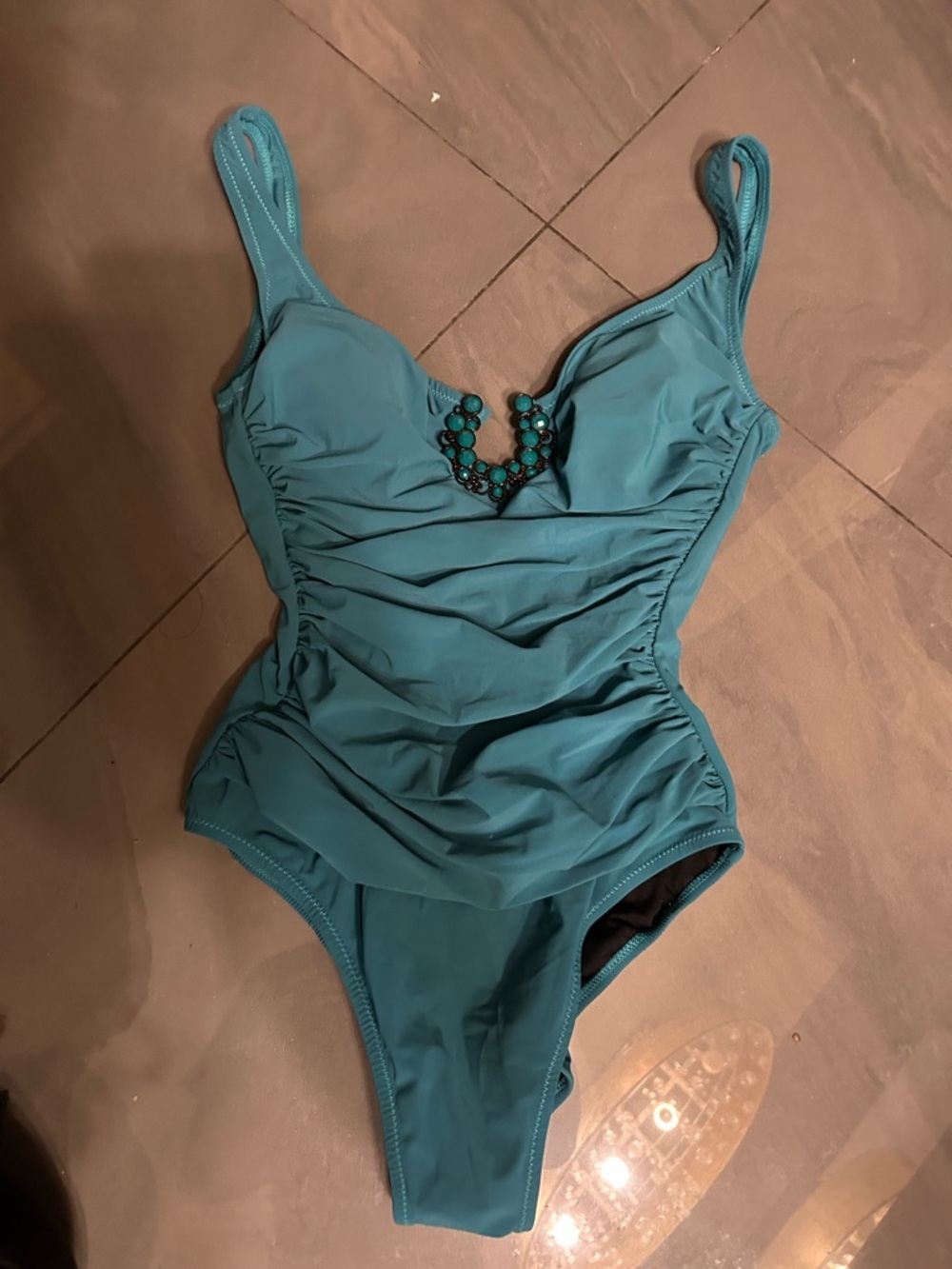 Profile By Gottex Teal One-Piece Swimsuit with Beaded V Detail